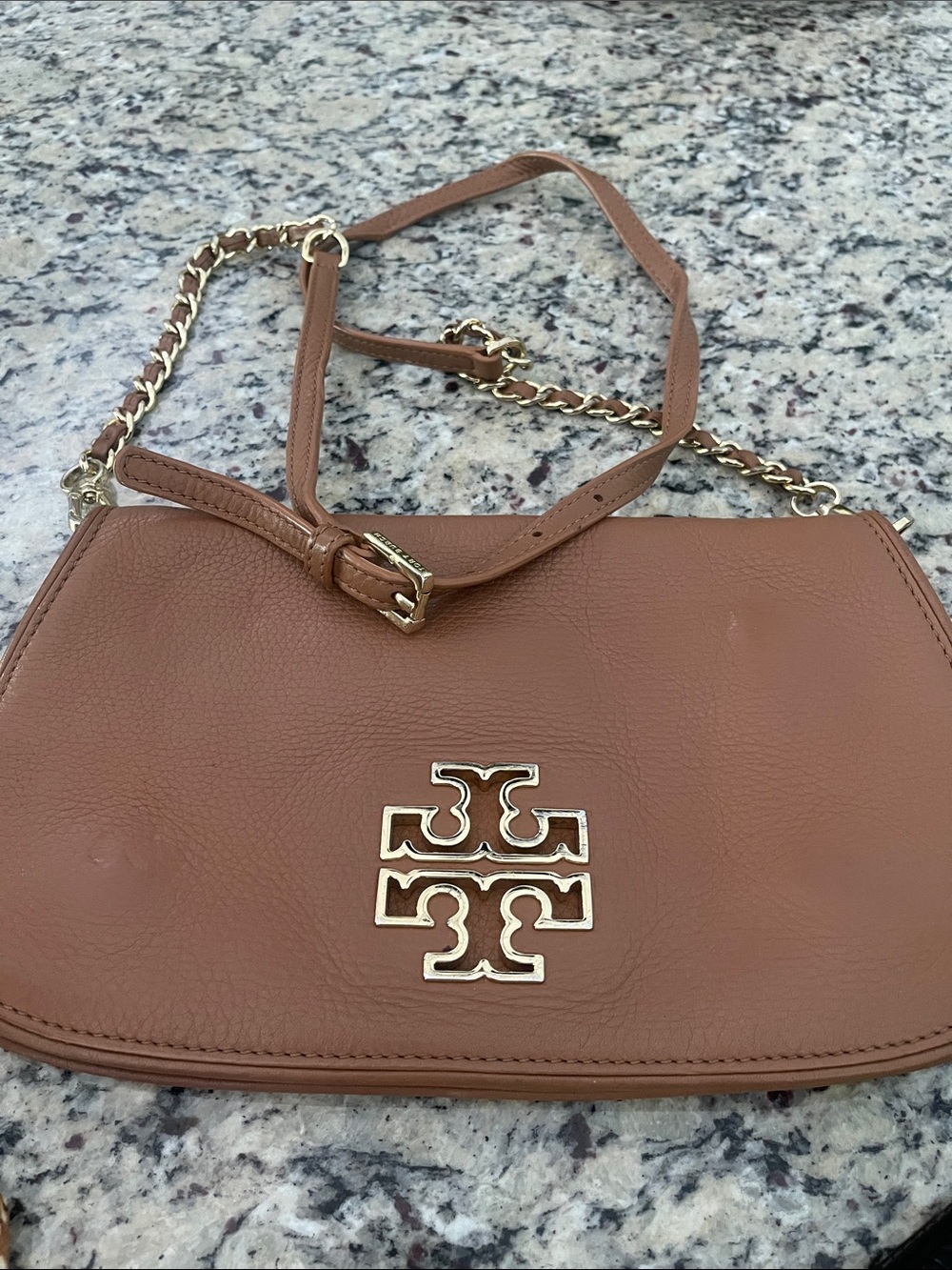 Tory Burch Tan Pebbled Leather Logo Crossbody